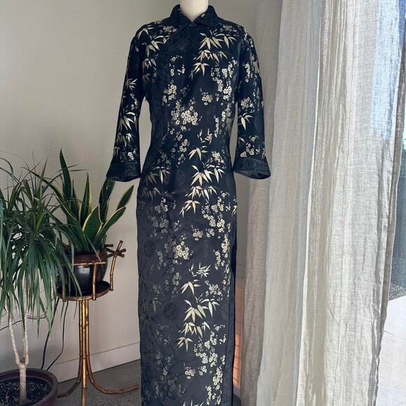 Chinese Tailor Women’s M Dress Black Gold Floral Bamboo Cheongsam Long Sleeve - Picture 1 of 3